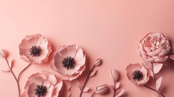 , Paper cut craft flowers and leaves, light pink color, floral origami textured background, spring mood. Photorealistic effect. photo