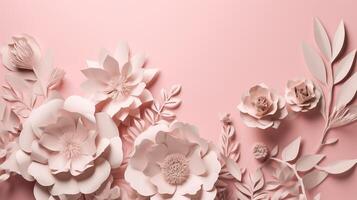 , Paper cut craft flowers and leaves, light pink color, floral origami textured background, spring mood. Photorealistic effect. photo