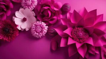 , Paper cut craft flowers and leaves, viva magenta color, floral origami textured background, spring mood. Photorealistic effect. photo
