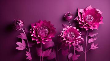 , Paper cut craft flowers and leaves, viva magenta color, floral origami textured background, spring mood. Photorealistic effect. photo