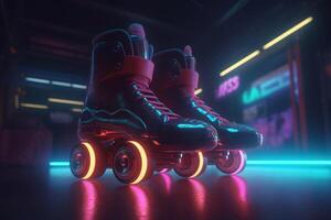 , Roller skate in cyberpunk style, disco nostalgic 80s, 90s. Neon night lights vibrant colors, photorealistic horizontal illustration of the futuristic city. Sport activity concept. photo