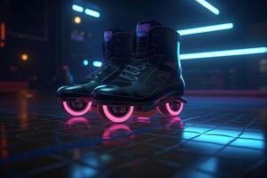 , Roller skate in cyberpunk style, disco nostalgic 80s, 90s. Neon night lights vibrant colors, photorealistic horizontal illustration of the futuristic city. Sport activity concept. photo