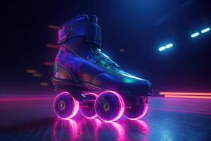 , Roller skate in cyberpunk style, disco nostalgic 80s, 90s. Neon night lights vibrant colors, photorealistic horizontal illustration of the futuristic city. Sport activity concept. photo