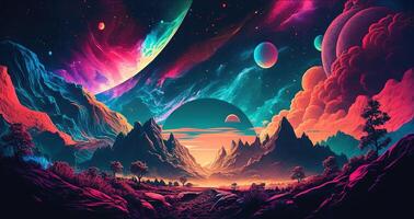 , Alien planet landscape. Psychedelic Space banner template, background. Horizontal illustration of the future with mountains, planets, trees, moon. Surrealist escapism. photo