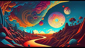 , Alien planet landscape. Psychedelic Space banner template, background. Horizontal illustration of the future with mountains, planets, trees, moon. Surrealist escapism. photo