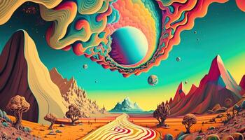 , Alien planet landscape. Psychedelic Space banner template, background. Horizontal illustration of the future with mountains, planets, trees, moon. Surrealist escapism. photo