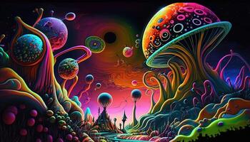 , Alien planet landscape. Psychedelic Space banner template, background. Horizontal illustration of the future with mountains, planets, trees, moon. Surrealist escapism. photo