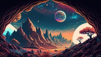 , Alien planet landscape. Psychedelic Space banner template, background. Horizontal illustration of the future with mountains, planets, trees, moon. Surrealist escapism. photo