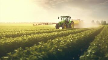 generativo ai, tractor pulverización un campo, granja paisaje, agrícola hermosa campo, país la carretera. naturaleza ilustración, fotorrealista parte superior ver horizontal bandera. foto