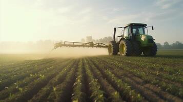 , Tractor spraying a field, Farm landscape, agricultural beautiful countryside, country road. Nature Illustration, photorealistic top view horizontal banner. photo