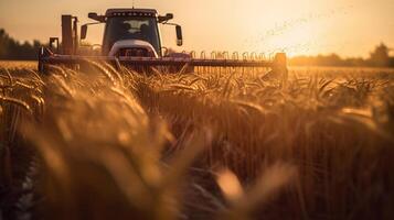 Generative AI, closeup modern combine harvester on a wheat field, farm landscape, agricultural beautiful countryside. Nature Illustration, photorealistic horizontal banner. photo
