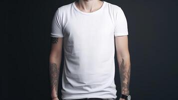 generativo ai, realista blanco camiseta burlarse de arriba blanco poner en joven hombre, copyspace para presentación publicidad. blanco negocio concepto foto