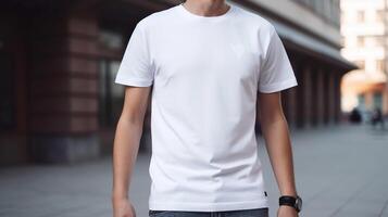 , Realistic white T-Shirt mock up blank put on young man, copyspace for presentation advertising. Blank business concept photo