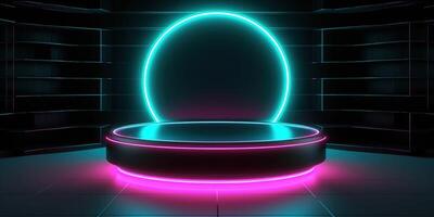 , Sci-Fi Futuristic neon glowing banner with podium. Abstract cyberpunk background for promotion goods. Mockup template photo