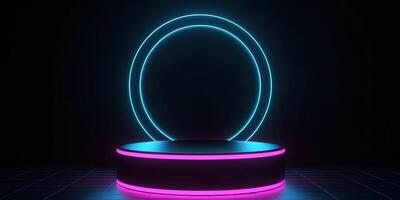 , Sci-Fi Futuristic neon glowing banner with podium. Abstract cyberpunk background for promotion goods. Mockup template photo