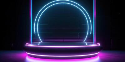 , Sci-Fi Futuristic neon glowing banner with podium. Abstract cyberpunk background for promotion goods. Mockup template photo