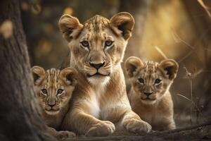 Lioness with lion cubs. Generative AI. photo