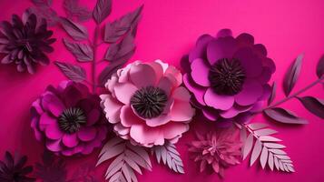 , Paper cut craft flowers and leaves, viva magenta color, floral origami textured background, spring mood. Photorealistic effect. photo