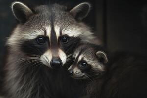 Mother raccoon with little raccoon. . photo