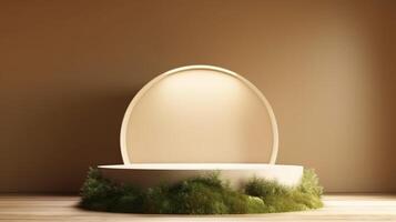 , product beige minimal scene with geometric podium platform and moss plants, mock up stand for cosmetic products. photo