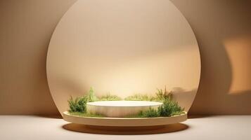 , product beige minimal scene with geometric podium platform and moss plants, mock up stand for cosmetic products. photo