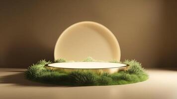 , product beige minimal scene with geometric podium platform and moss plants, mock up stand for cosmetic products. photo