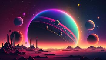 , Alien planet landscape. Psychedelic Space banner template, background. Horizontal illustration of the future with mountains, planets, trees, moon. Surrealist escapism. photo