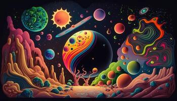 , Alien planet landscape. Psychedelic Space banner template, background. Horizontal illustration of the future with mountains, planets, trees, moon. Surrealist escapism. photo