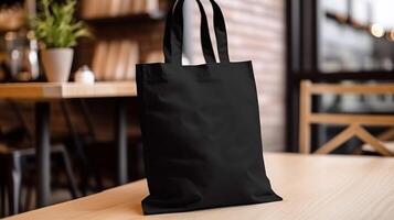 , Realistic black tote canvas fabric bag set-up in at interior or outdoor, shopper mock up blank. photo