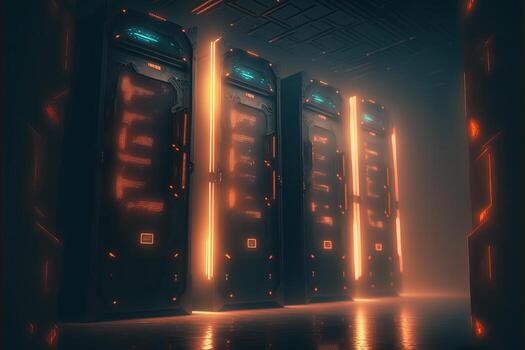 Server room data center with cinematic lighting. photo