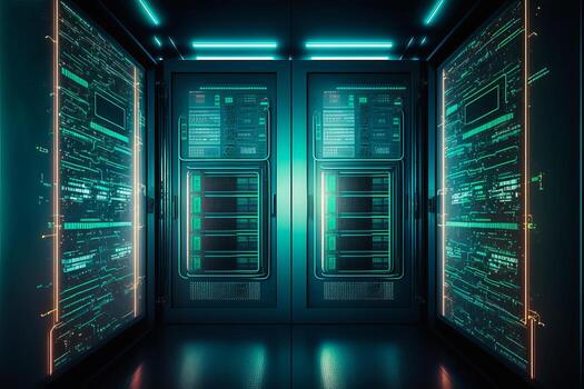 Server room data center with cinematic lighting. photo