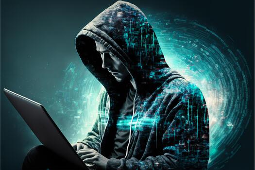 Hacker using computer in virtual world. photo