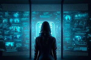 Female hacker in virtual world. photo