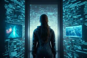 Female hacker in virtual world. photo