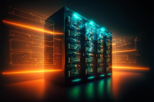 Server room data center with cinematic lighting. photo