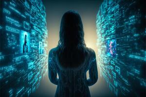 Female hacker in virtual world. photo