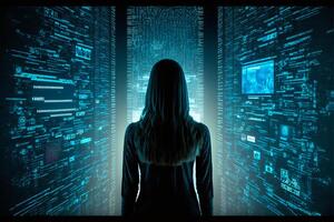 Female hacker in virtual world. photo