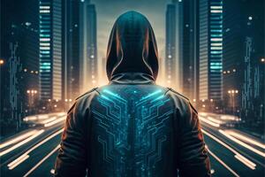 Hacker in virtual world. photo