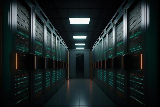 Server room data center with cinematic lighting. photo