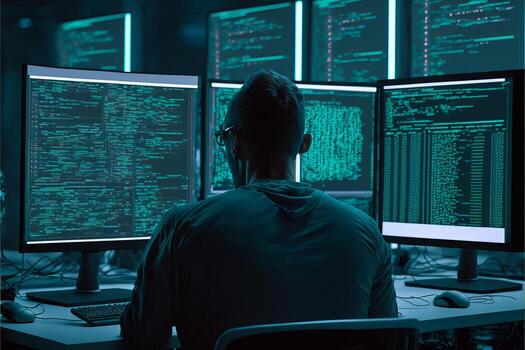 hacker utilizando computadora en virtual mundo. generativo ai foto