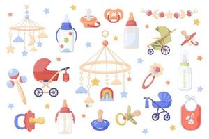 Big set of Baby items. Rattles, pacifiers, milk bottles, strollers, mobile for crib. Toy for newborns. Pastel colors. Products for children. Newborn accessory collection. vector