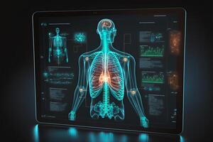 Healthcare hologram display on digital tablet, medical technology concept. photo