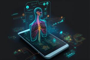Healthcare hologram display on digital tablet, medical technology concept. photo