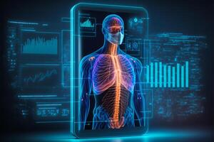 cuidado de la salud holograma monitor en digital tableta, médico tecnología concepto. generativo ai foto