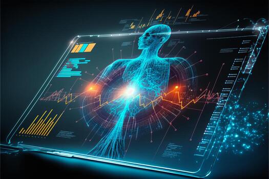 Healthcare hologram display on digital tablet, medical technology concept. photo