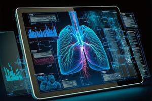 Healthcare hologram display on digital tablet, medical technology concept. photo