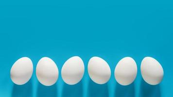 White eggs in a row on blue background with copy space photo