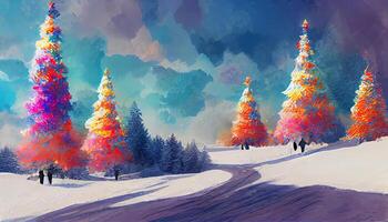 Christmas winter scenery of cold weather and frost christmas tree background. photo