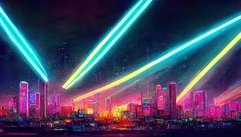 80s Retro Sci-Fi Background with Night City Skyline, Synthwave glowing neon lights plane. photo