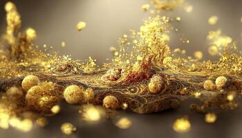 Abstract elegant, detailed gold glitter particles flow with shallow depth of field underwater. Holiday magic shimmering luxury background. Festive sparkles and lights photo